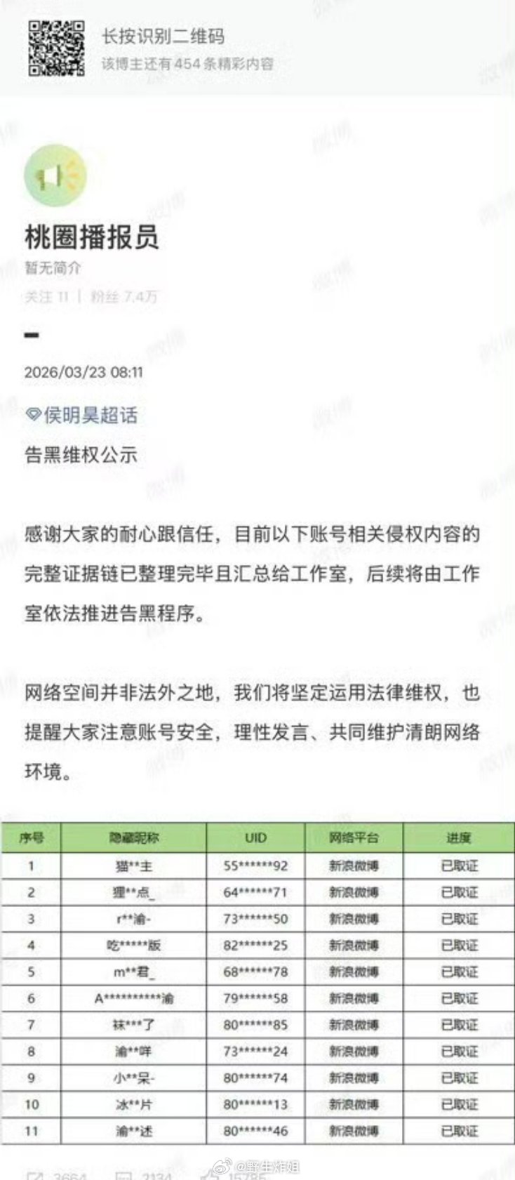 梓渝和侯明昊都取证了，他们要告黑维权了 