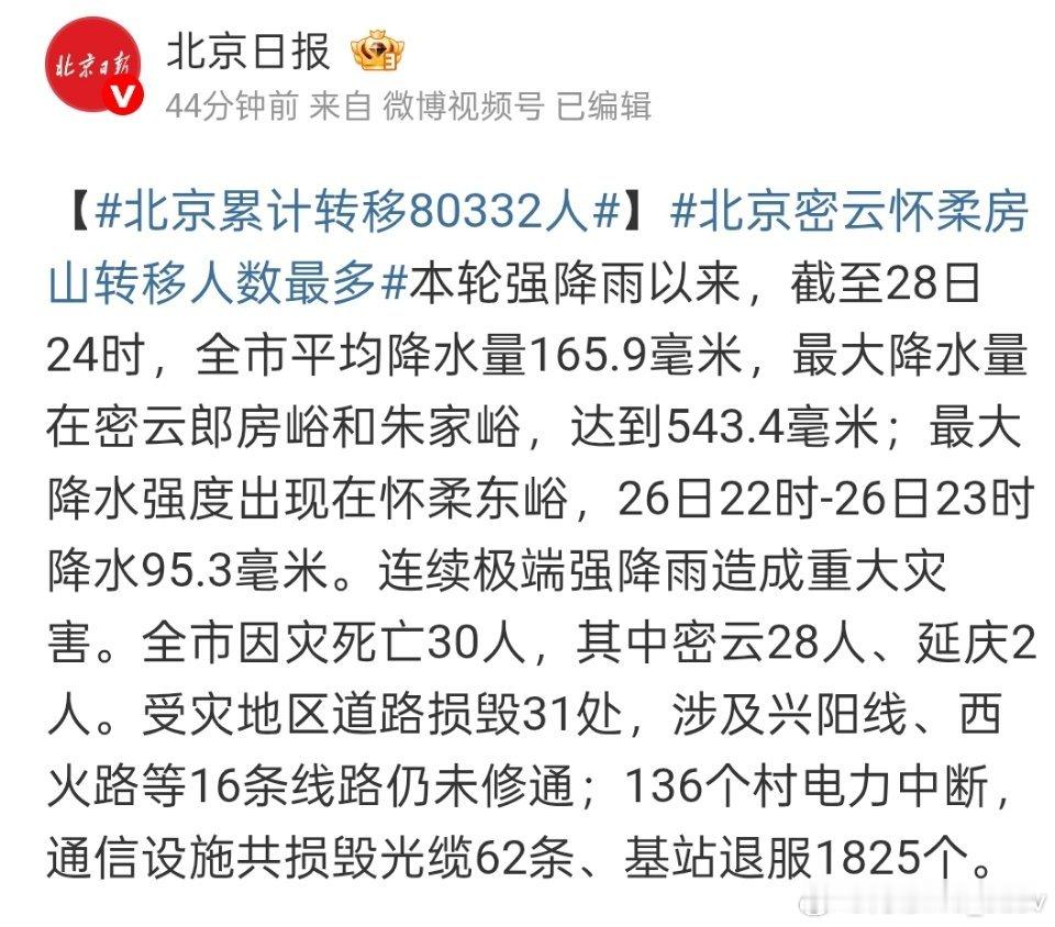 北京日报： 北京本轮强降雨已造成30人死亡，其中密云28人、延庆2人。全市累计转