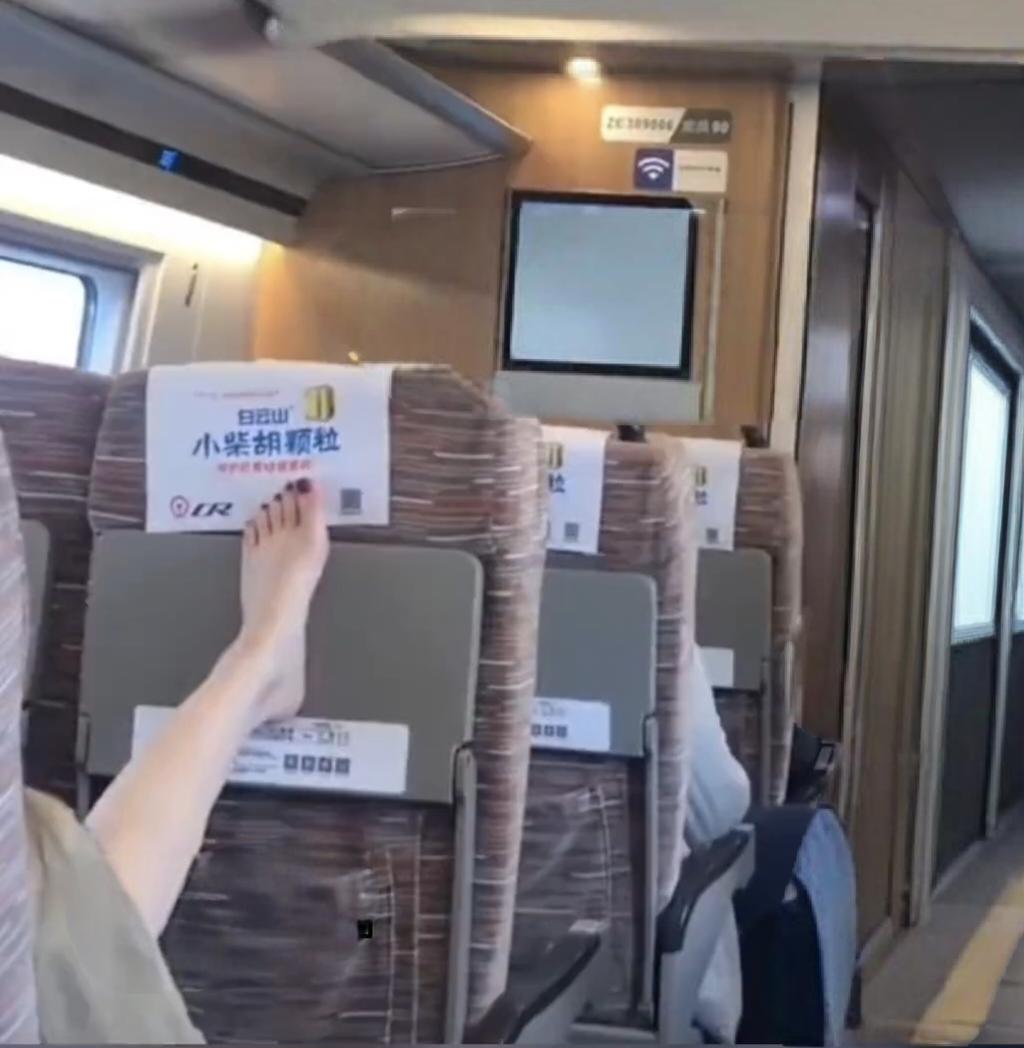 坐高铁时看到特别不文明的一幕，一名女子直接把光脚踩在前方座椅的靠背上，脚还碰到了