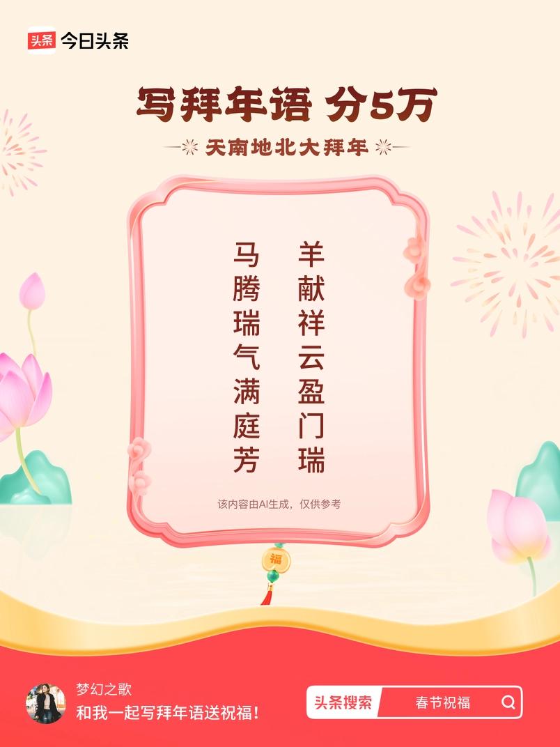 写拜年语送祝福新春拜年送祝福！我的祝福是：“马腾瑞气满庭芳，羊献祥云盈门瑞”！快