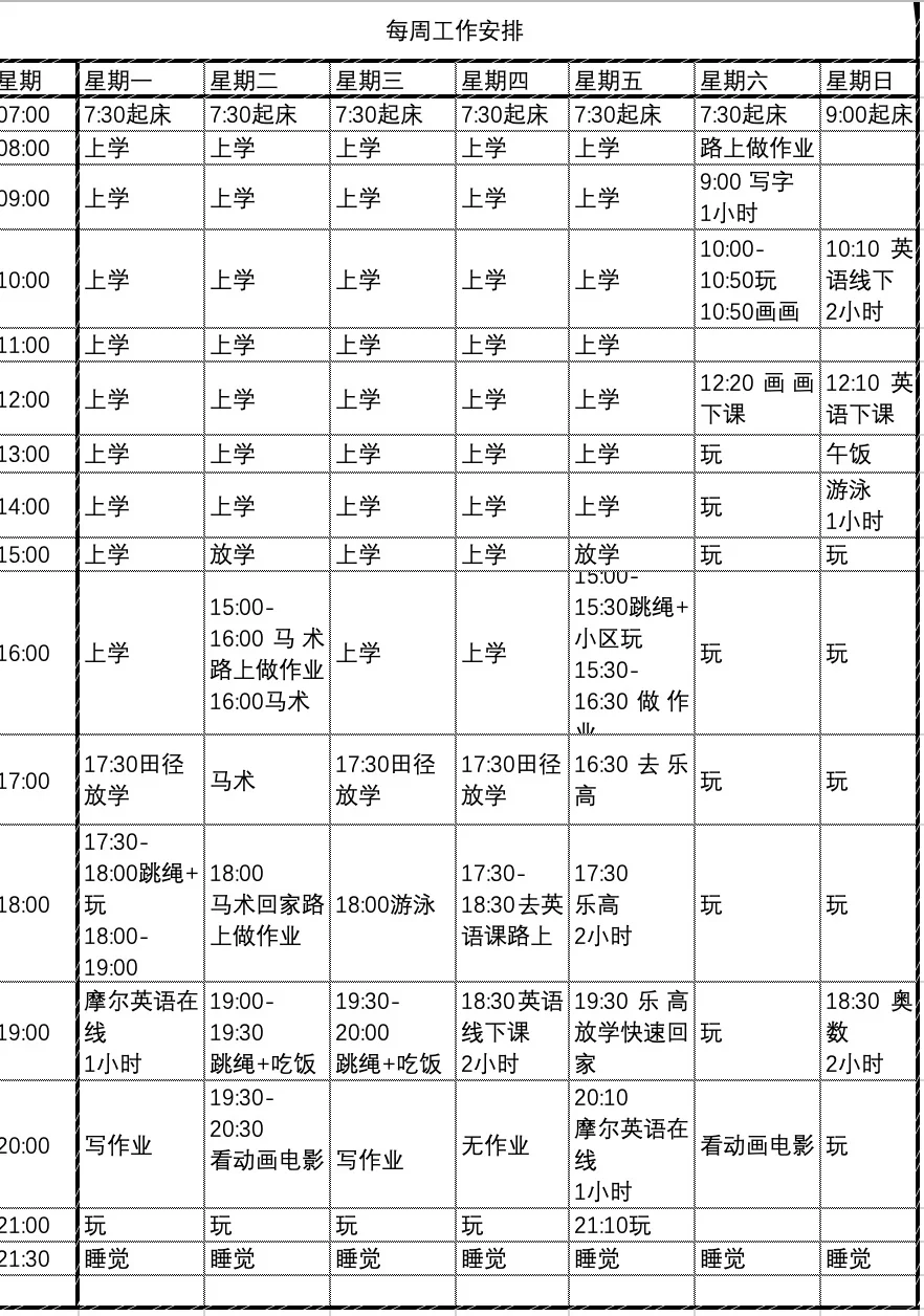 十几个兴趣班如何安排，列表做好了