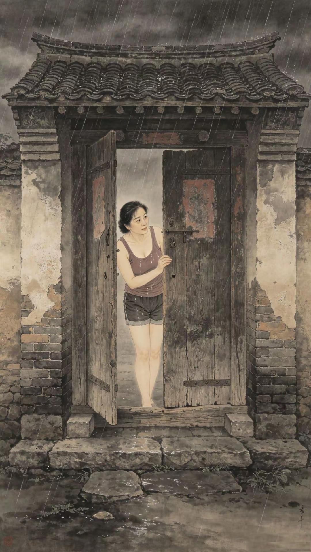 国画人物画·“下好大的雨呀”