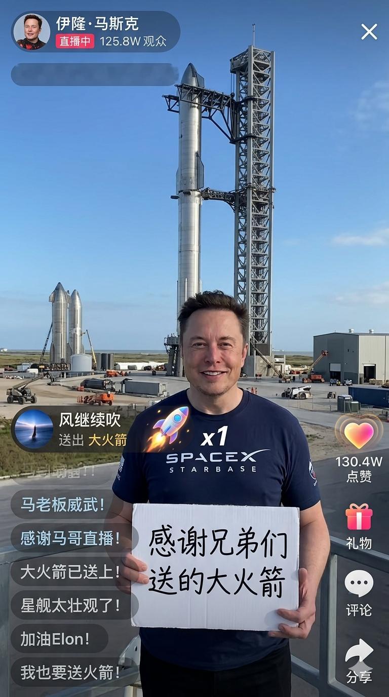 AI生图马斯克直播星舰基地太搞了