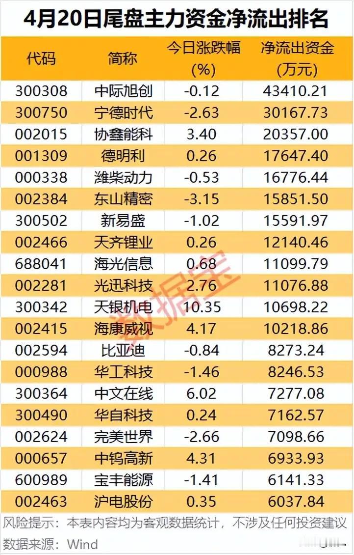 4月20日尾盘主力资金净流出TOP20解析：龙头分歧加剧，调仓信号显现！
 
本