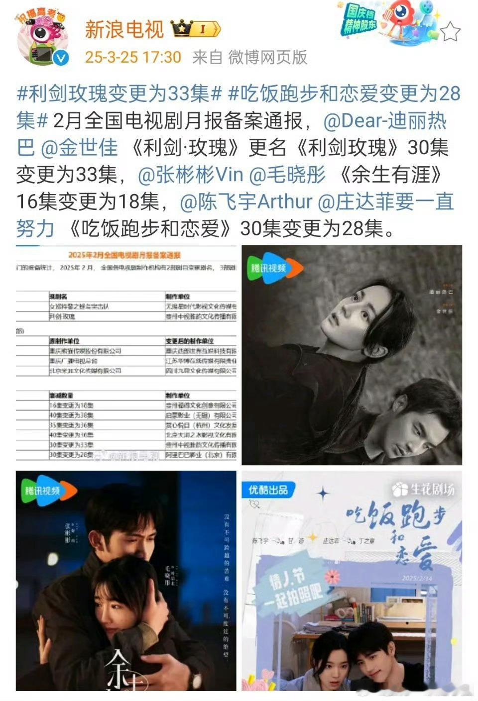 迪丽热巴 金世佳《利剑玫瑰》30变更为33集！张彬彬 毛晓彤《余生有涯》16变更