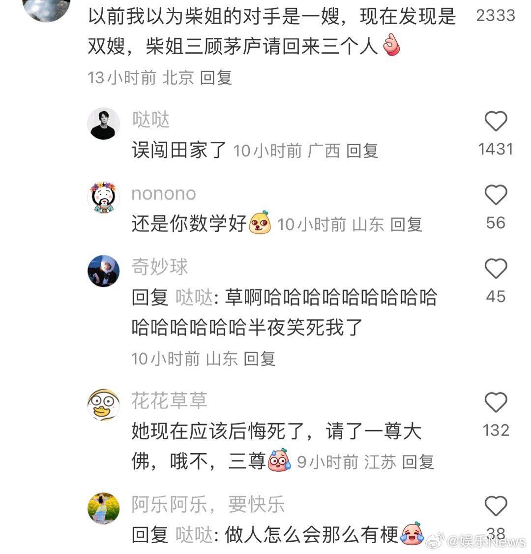 网友爆梗以前以为柴姐的对手是一嫂，现在发现是双嫂，柴姐三顾茅庐请回来三个人[允悲