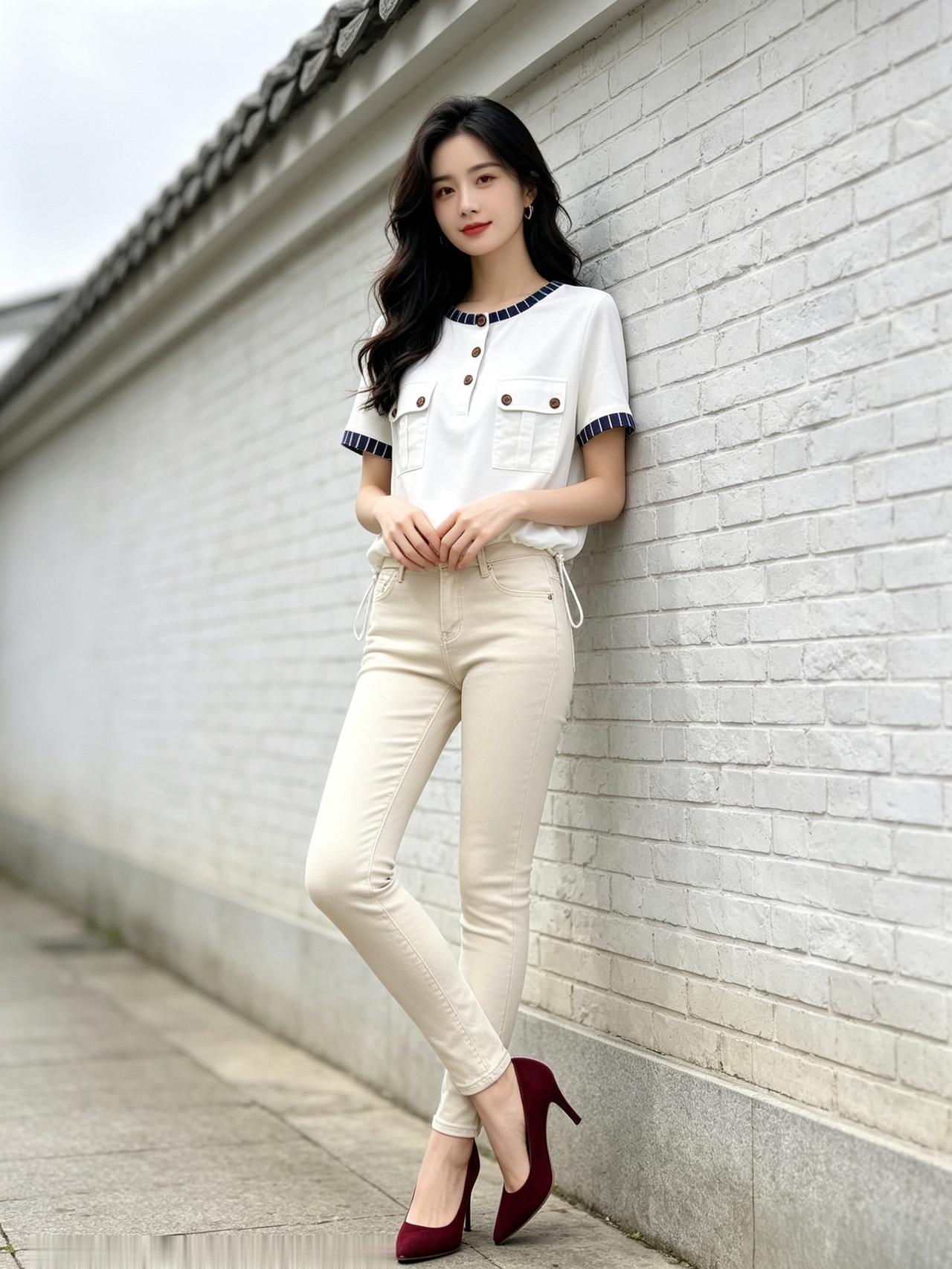 女孩子怎么穿搭既时尚又好看? 法式复古风穿搭太绝啦！温柔白衫配米色牛仔裤，脚踩红