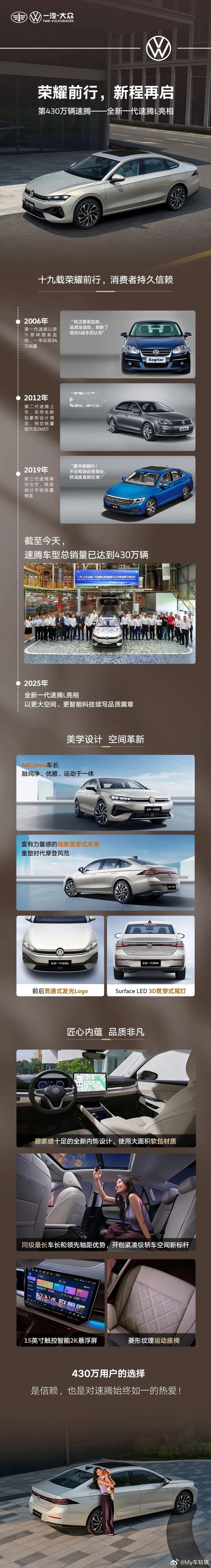 借着一汽-大众第430万辆速腾下线，全新一代速腾L也正式亮相了！外观流线小溜背造