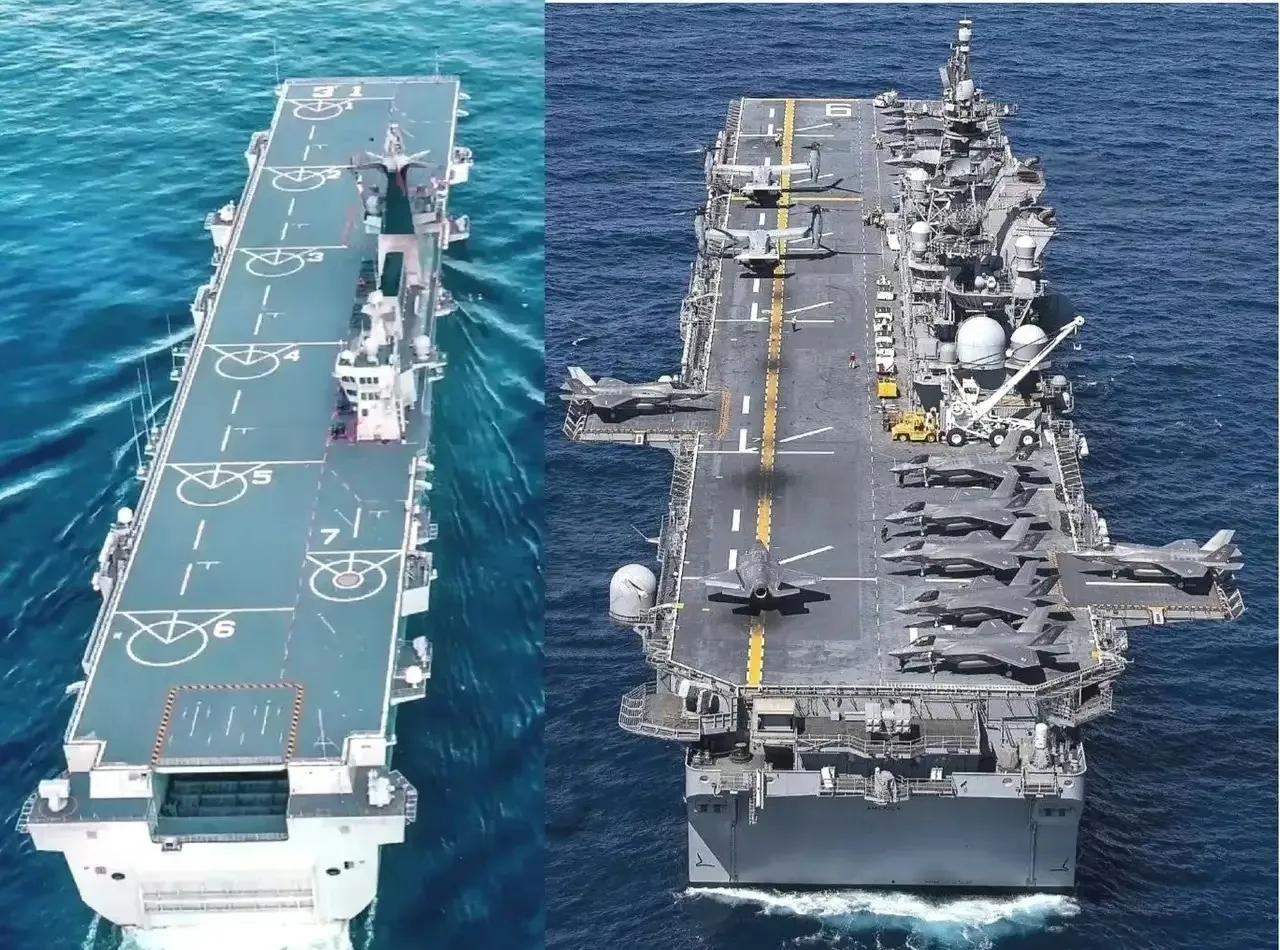 中美两国4万吨级两栖攻击舰对比。可以看出中国的075型两栖攻击舰和美国的美国级相