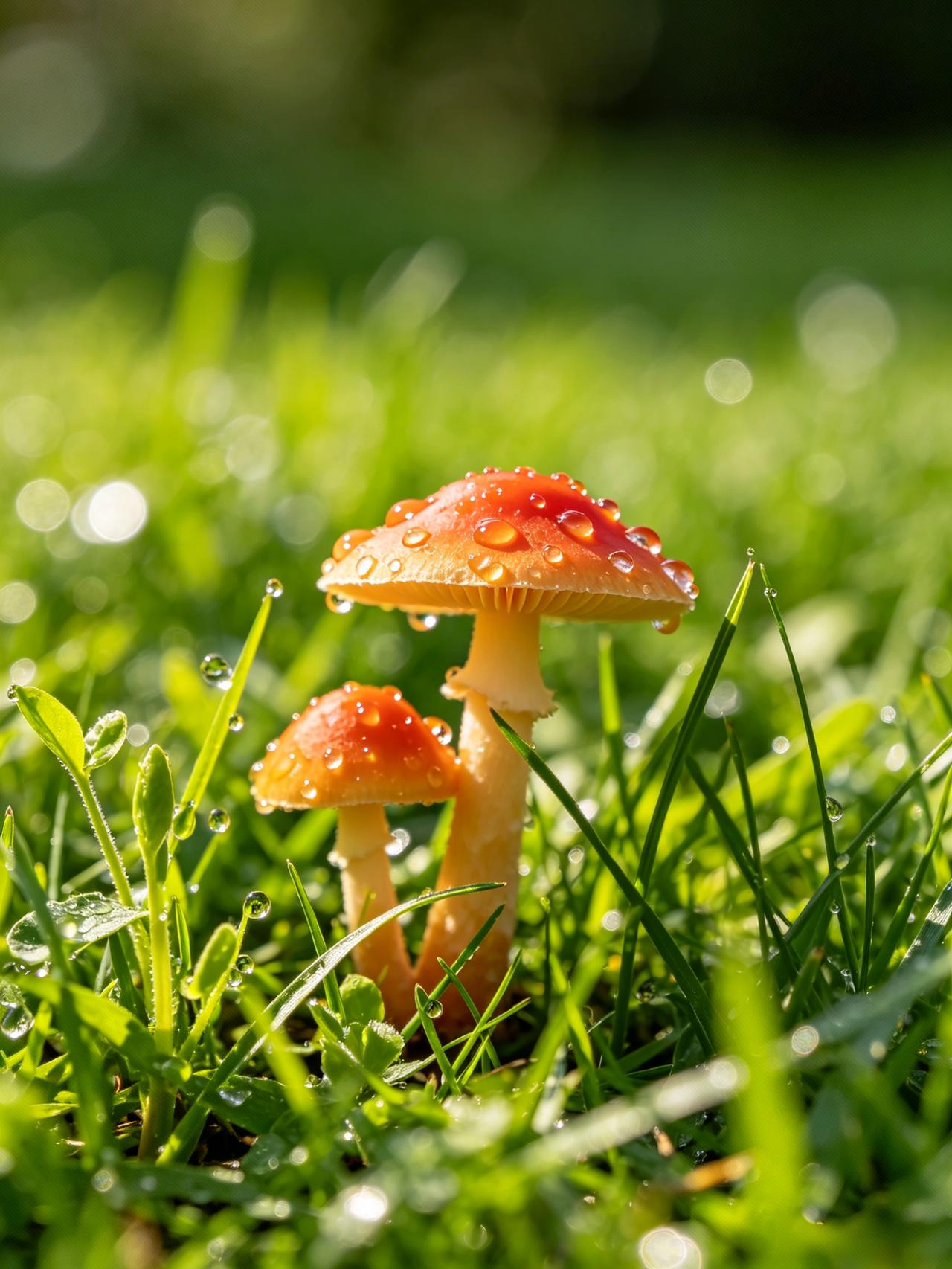 姐妹蘑
这幅照片拍摄的很美，雨露中的姐妹蘑一高一矮从草丛中升起，头顶上的帽子挂着