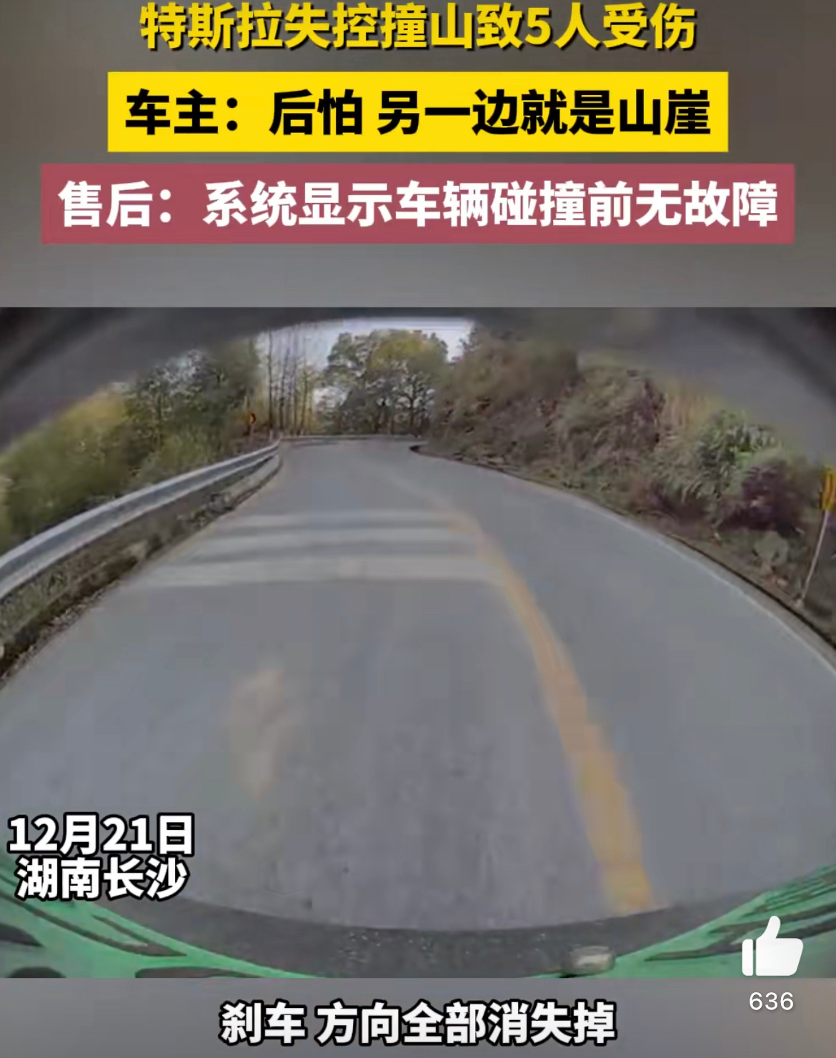 #特斯拉失控撞山致5人受伤#行驶中突然失控转向撞栏杆，刹车转向全部失效？前两天也