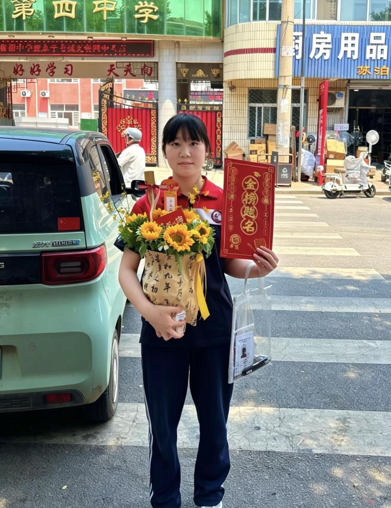 九年义务教育圆满结束，手捧鲜花接我宝贝回家，中考不是结束，是新的开始，愿你像向日