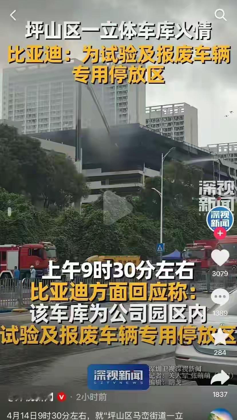 4月14日凌晨，深圳比亚迪坪山园区一立体车库突发火情。消防救援力量迅速到场处置，