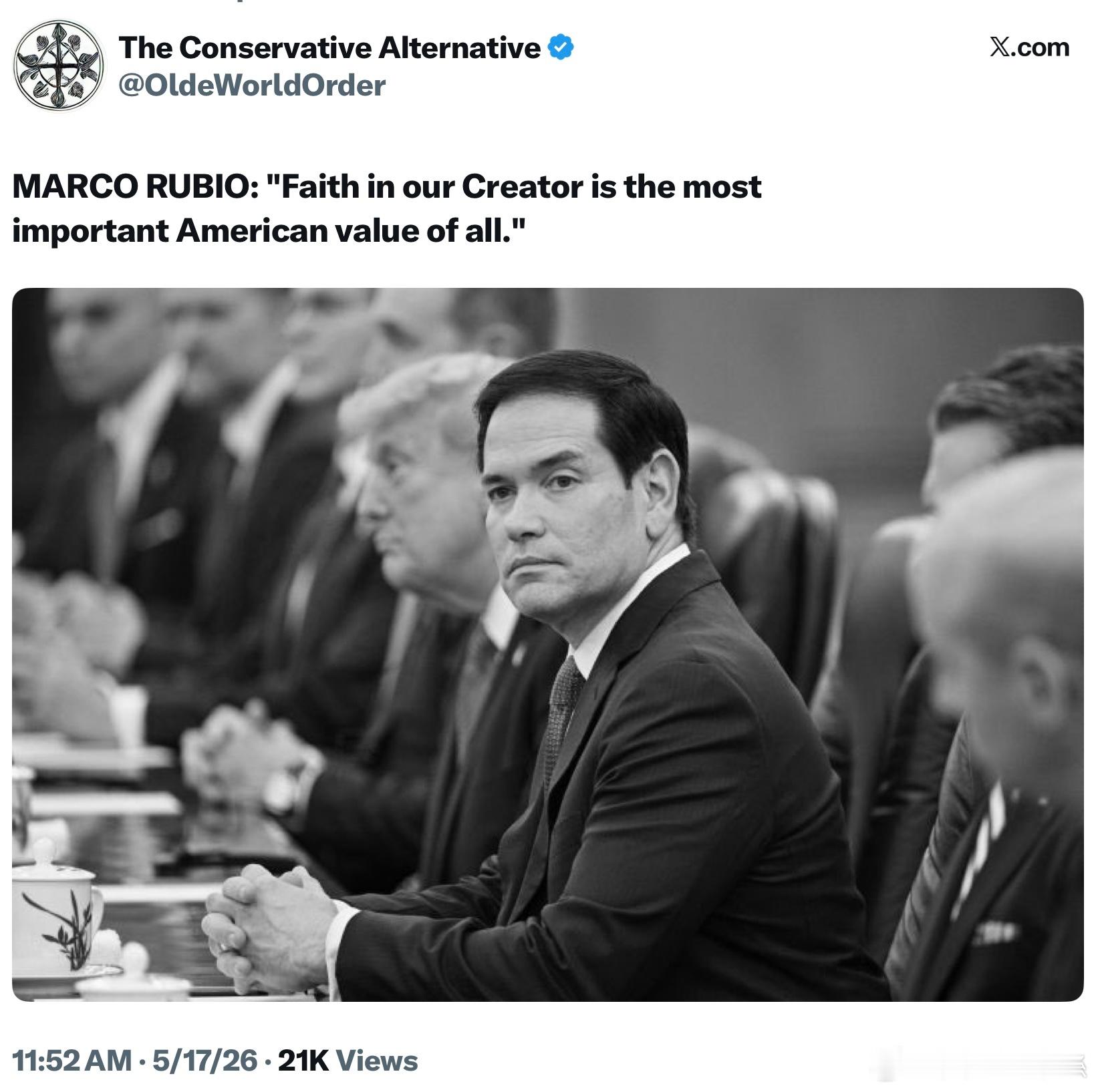 Marco Rubio：對造物主的信仰，是美國一切價值中最重要的根基。 