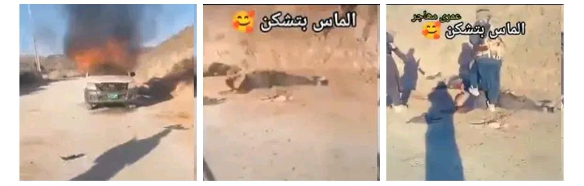 不明地点拍摄的视频，巴基斯坦塔利班伏击并烧毁一辆巴基斯坦警车，同时从阵亡的警察身