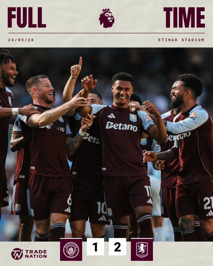 🦁️全场比赛结束，曼城 1-2 阿斯顿维拉沃特金斯梅开二度，维拉人逆转取胜收官