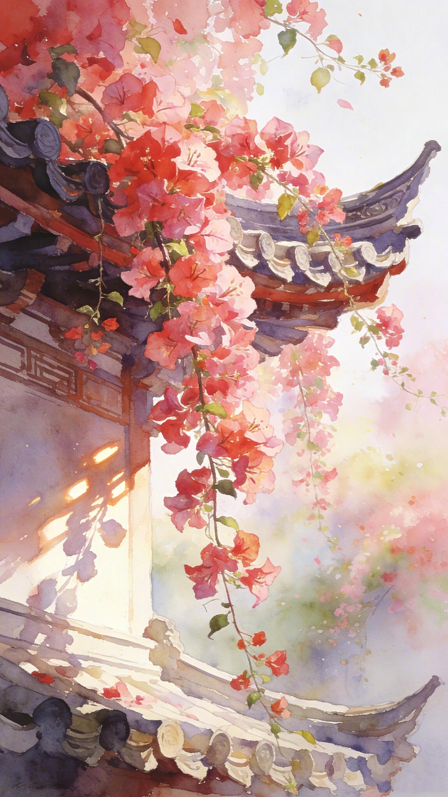 水彩里的东方，是檐下花影与日光。 