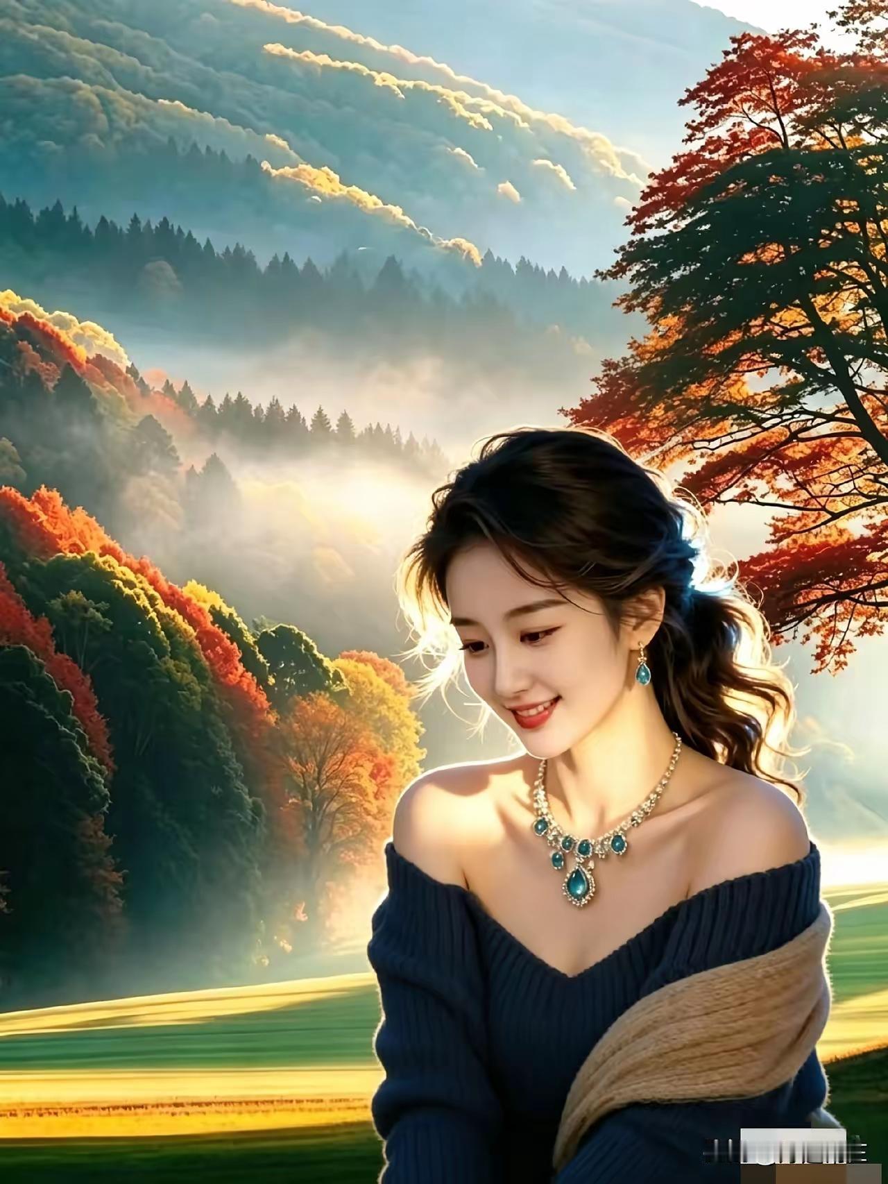 这位美女站在秋天的大自然里。