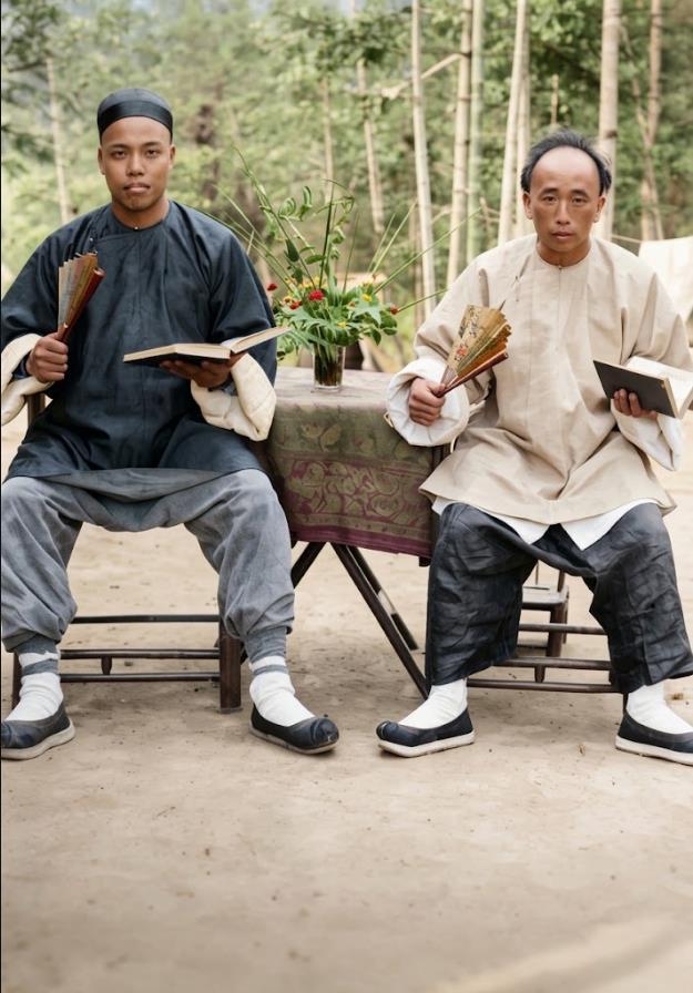 清末，福建，竹林幽篁间，一桌二椅，两人持扇与书册。桌上花瓶插着枝叶，布景清雅。两