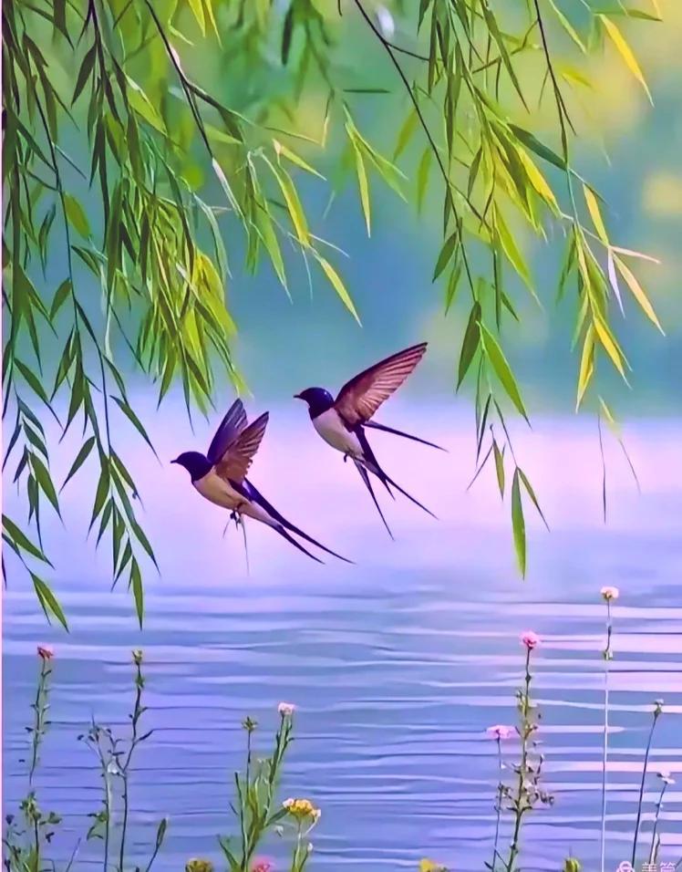 《春趣》
东风送暖入千家，
枝头新绿探新芽。
炊烟袅袅随云去，
紫燕穿梭叽喳喳。