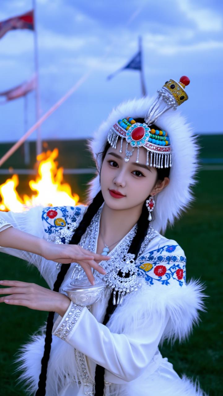 草原上的美丽舞者，身着传统服饰，燃烧的火焰映衬出她的动人风采。