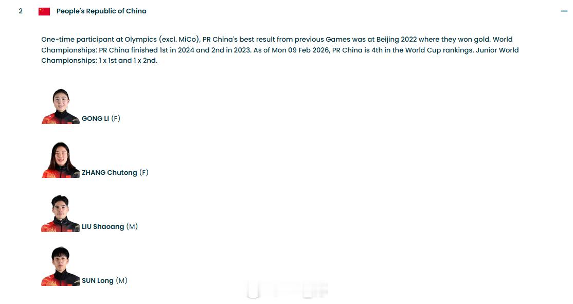 2026年米兰科尔蒂纳冬奥会 决赛阵容：公俐、张楚桐、刘少昂、孙龙在第二位出发，