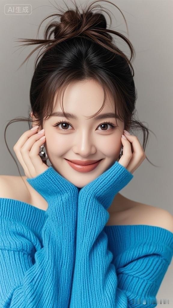 冬日暖阳下，甜美笑容绽放，蓝色毛衣温暖如你。🌞💙😊