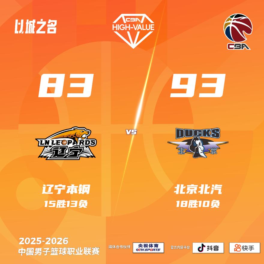 辽宁本钢 83-93 北京北汽 辽宁男篮vs北京男篮
辽宁本钢：赵继伟26分，鄢