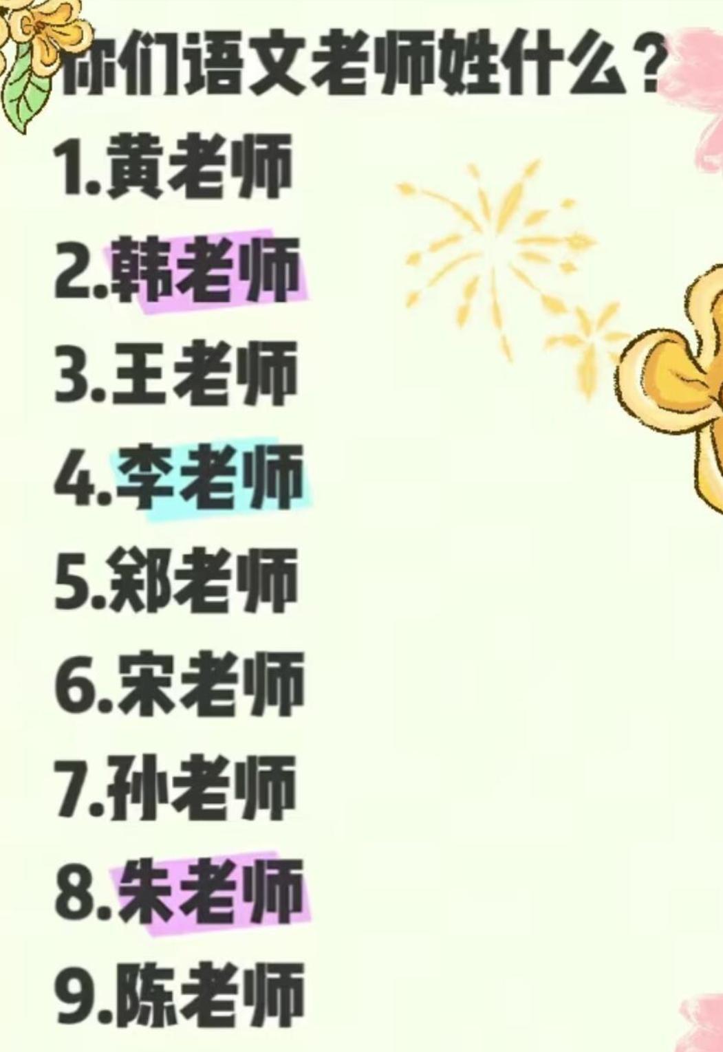 据说这些姓式涵盖了所有语文老师的名字，你们的语文老师叫啥？