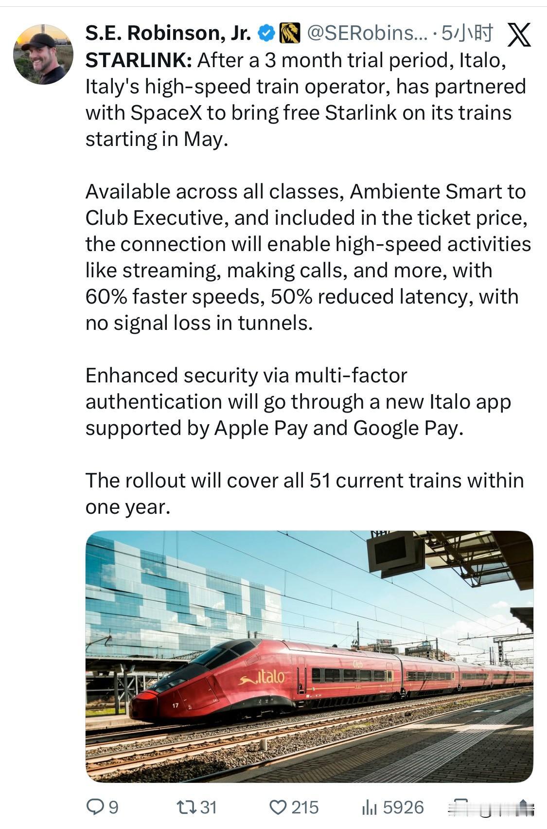 星链新闻：经过 3 个月的试用期后，意大利高速列车运营商 Italo 与 Spa