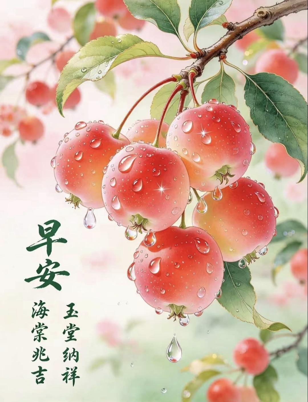 ​晨光吻醒海棠，露珠轻托红果，吉祥悄然爬上枝头。风携暖意穿堂入户，好运已在门边等