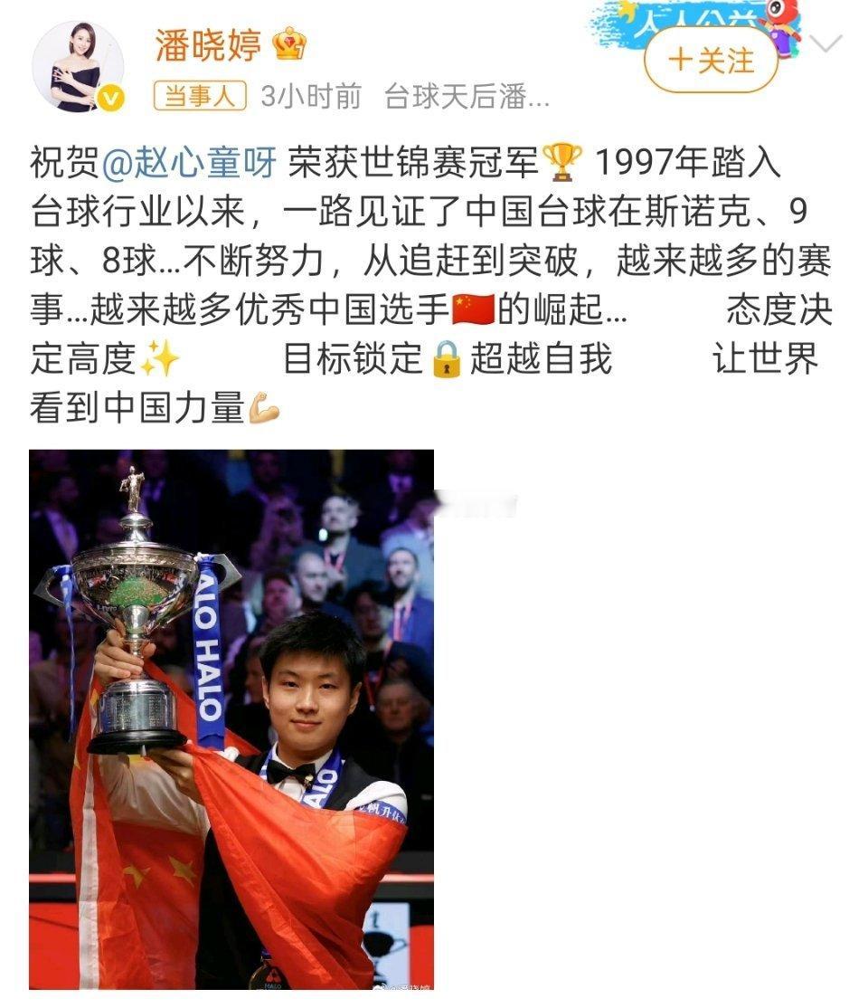 潘晓婷发文祝贺赵心童九球天后潘晓婷发文祝贺赵心童世锦赛夺冠，让世界看到中国力量[