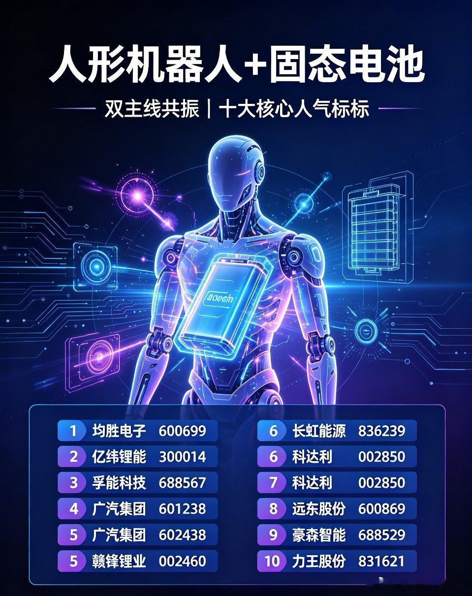 人形机器人+固态电池｜双主线共振！十大核心人气标的全梳理当前市场AI产业持续深化