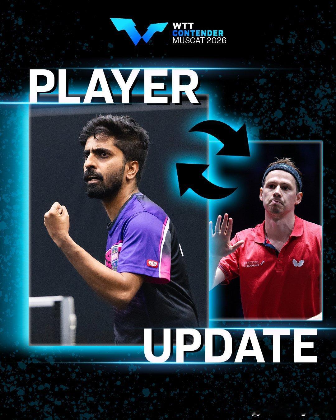 WTT常规挑战赛马斯喀特站2026🇩🇰约纳坦·格罗特因伤退赛，🇮🇳沙提安