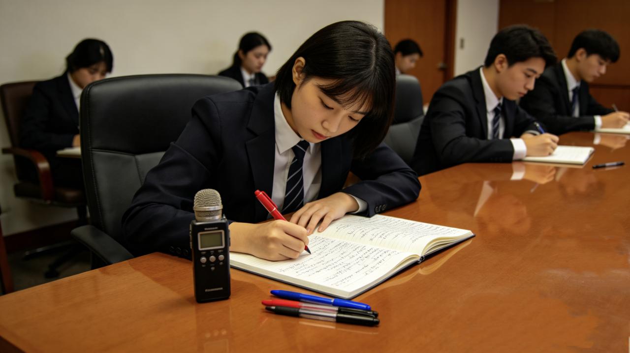 部门新来了个实习生，特别认真。
第一次参加周会，她带了录音笔、笔记本、三支不同颜