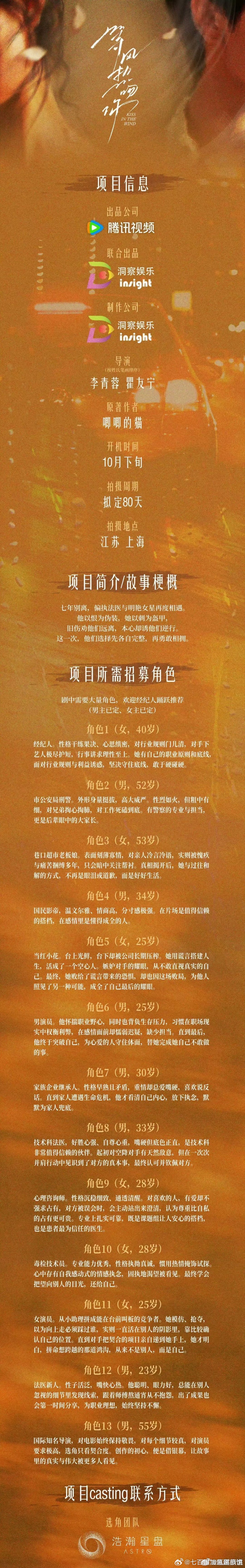 杨洋、陈都灵 《等风热吻你》，下个月开机导演：瞿友宁（亲爱的热爱的、难哄）、李青