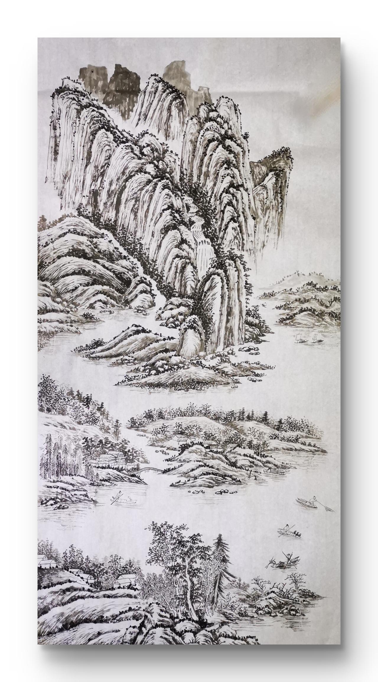 山水画稿
完成山水画稿幅，耗费六小时，每一天两小时，共三天。画得少，笔就生。
中