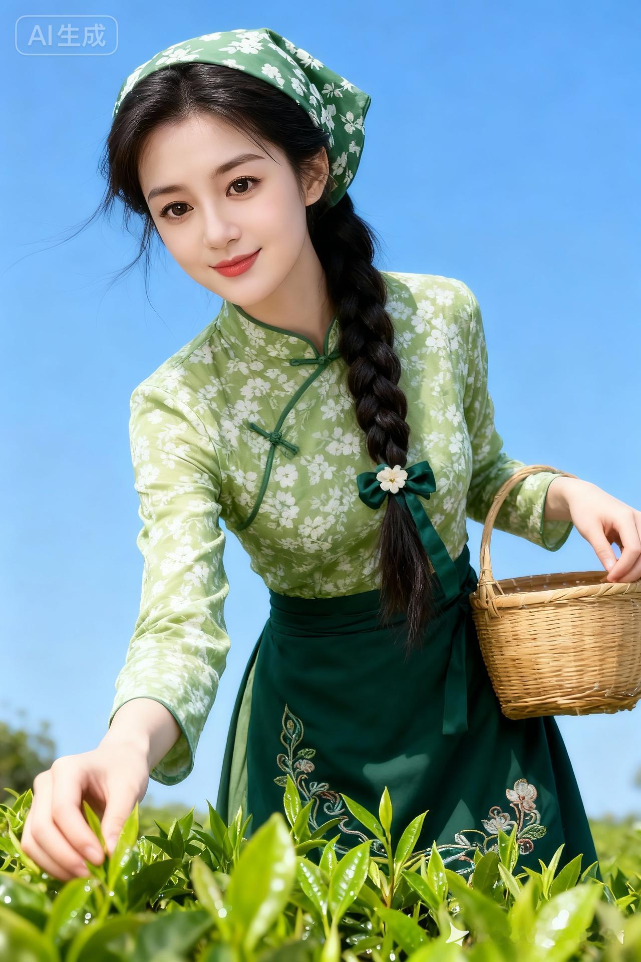 甜美女子清透温婉，及腰麻花辫系深绿花带，牛油果绿碎花新中式上衣配刺绣绿围裙，同色