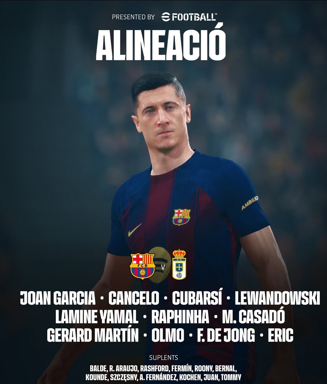巴萨首发：13-乔安-加西亚、2-坎塞洛、5-库巴西、9-莱万多夫斯基、10-亚