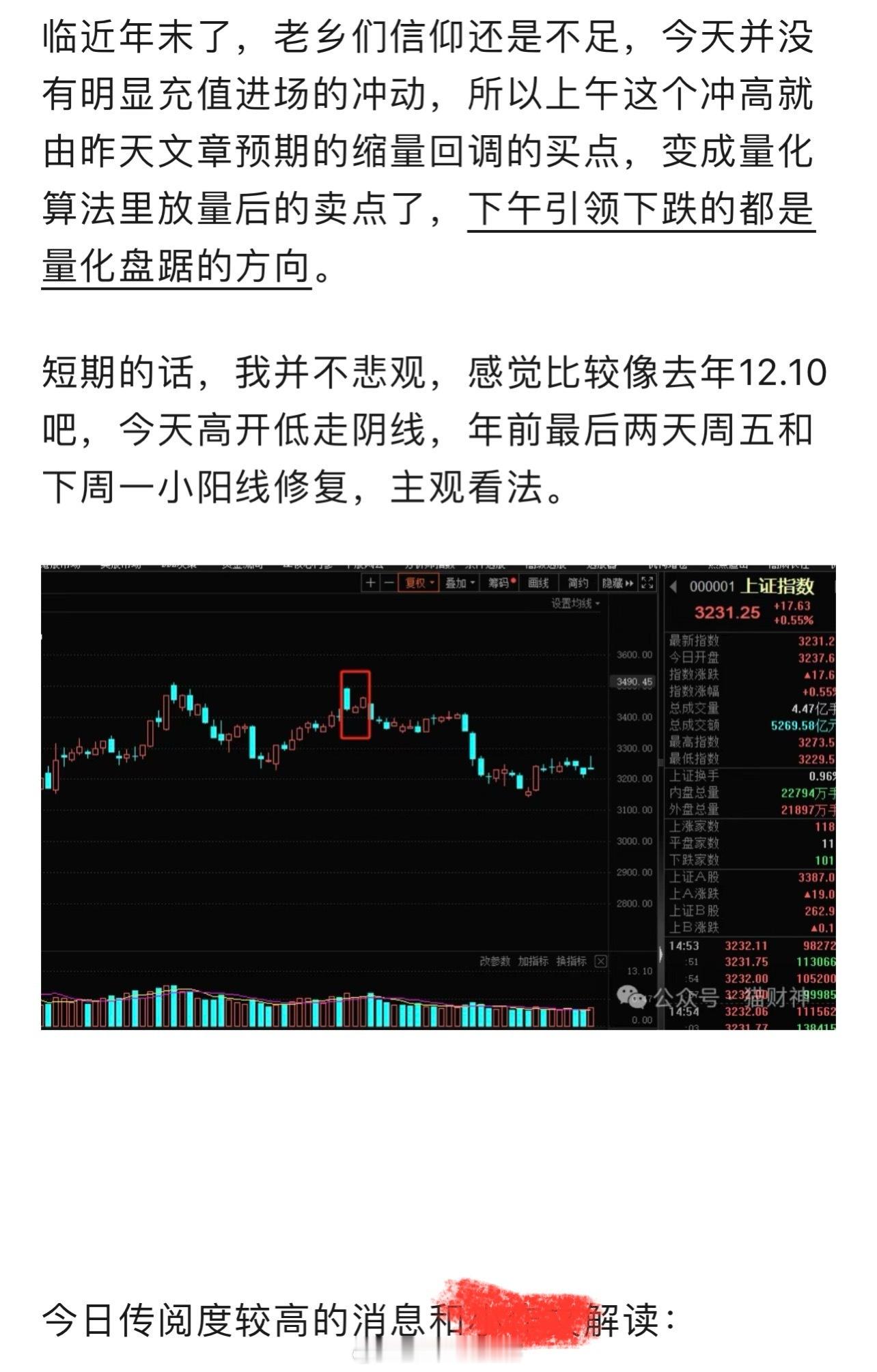 我昨天下午：短期，我并不悲观，感觉比较像去年12.10，昨天高开低走阴线，A股年