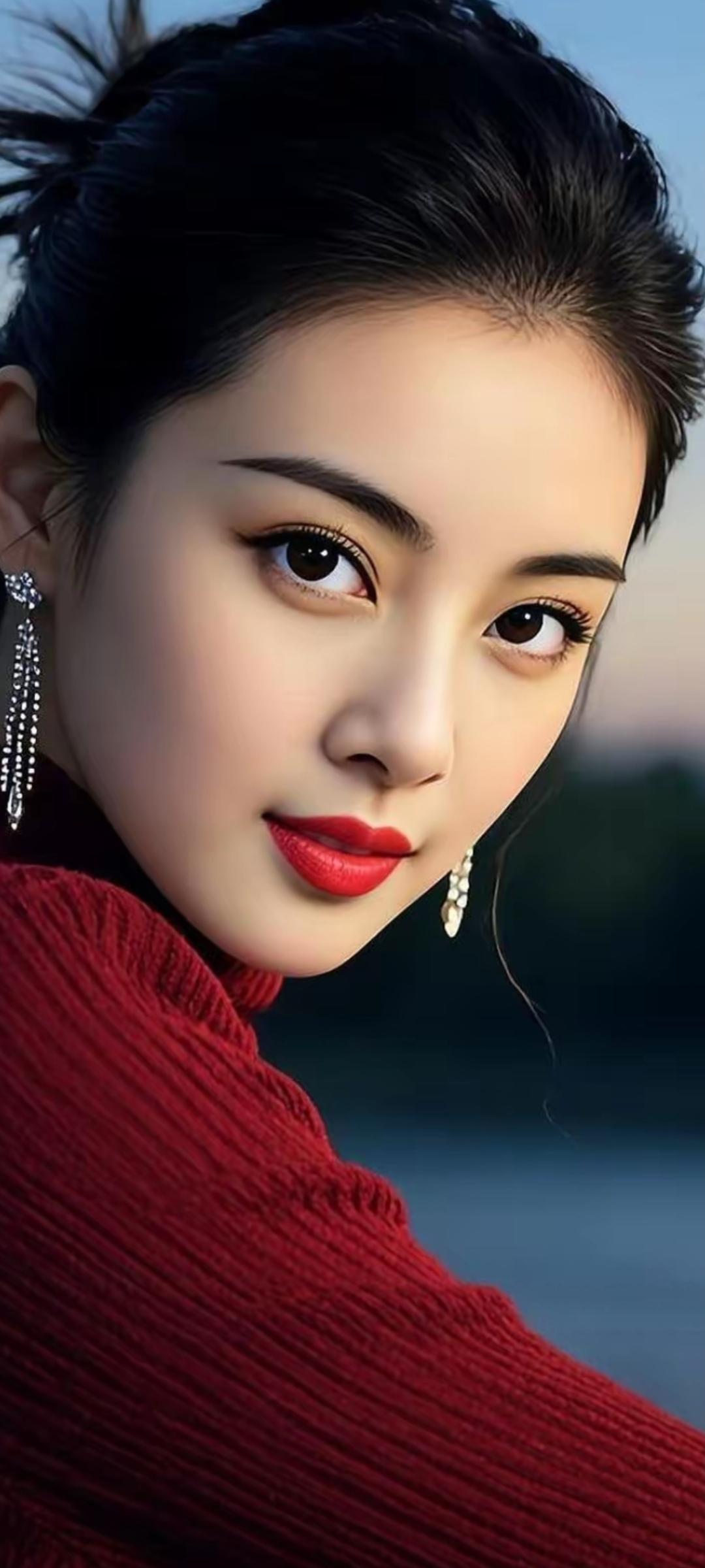 优雅红唇，复古耳环，时尚穿搭，气质迷人