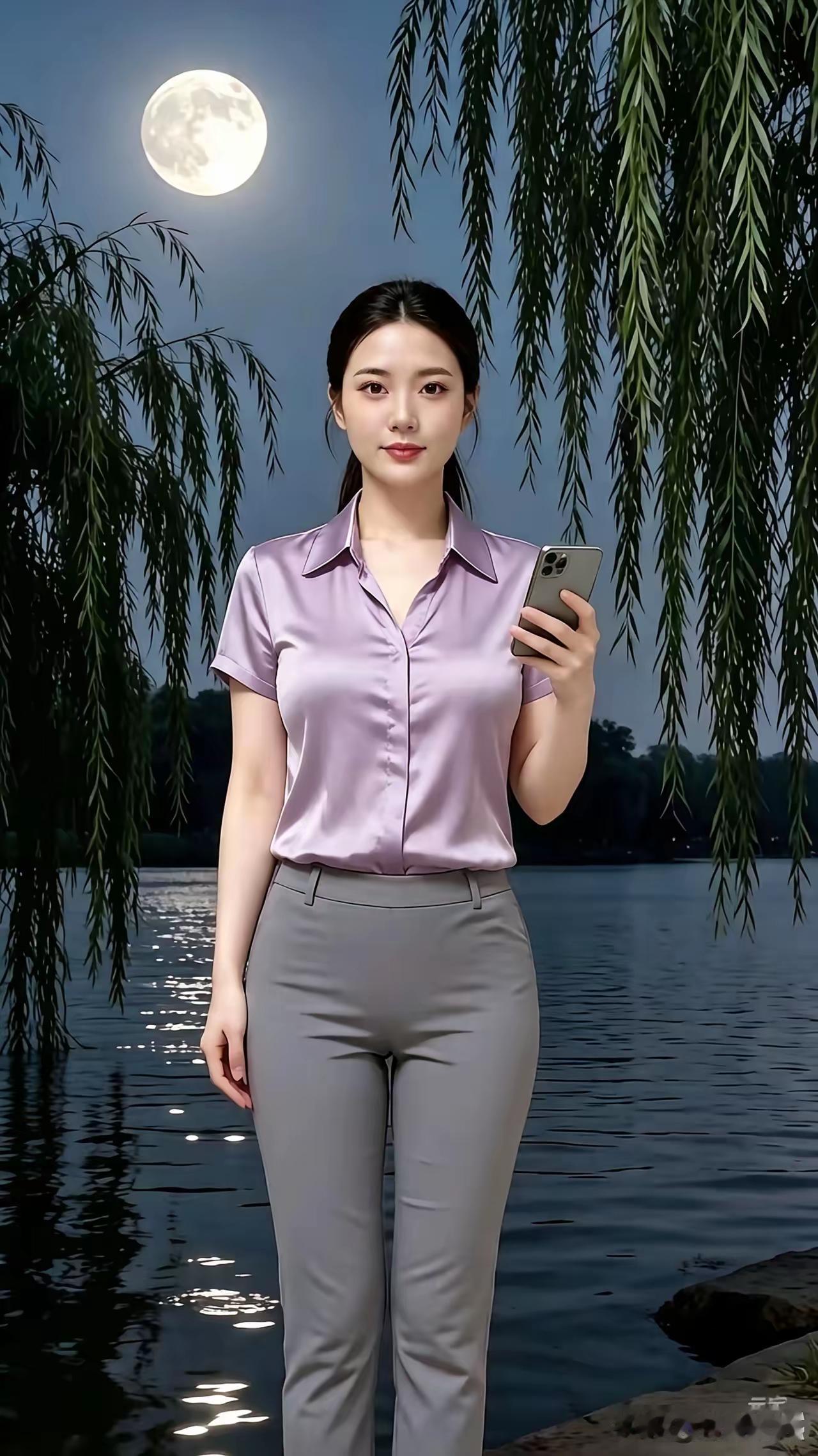 冰轮又东升，
湖面静无声。
佳人站柳下，
一展美娇容。