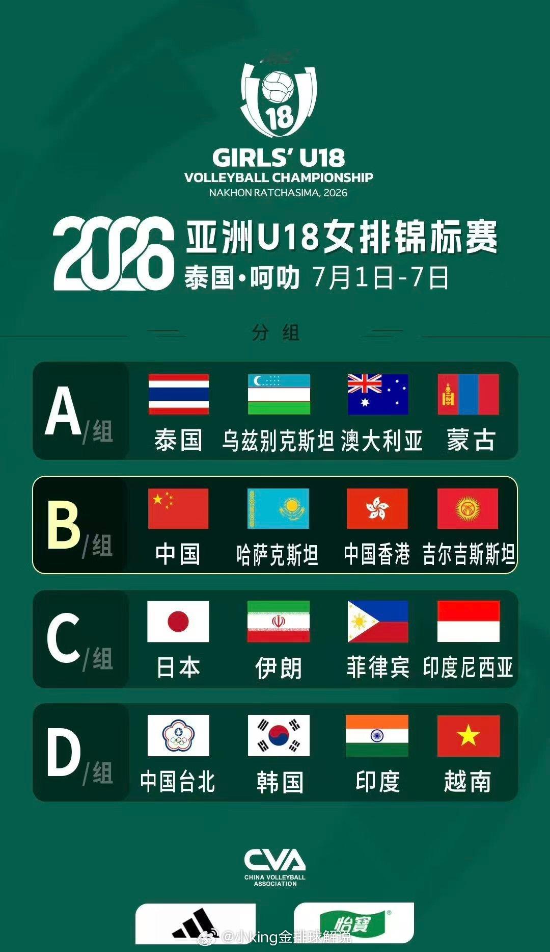 2026亚洲U18女排锦标赛(泰国·呵叻) 2026年07月01日-07月08日