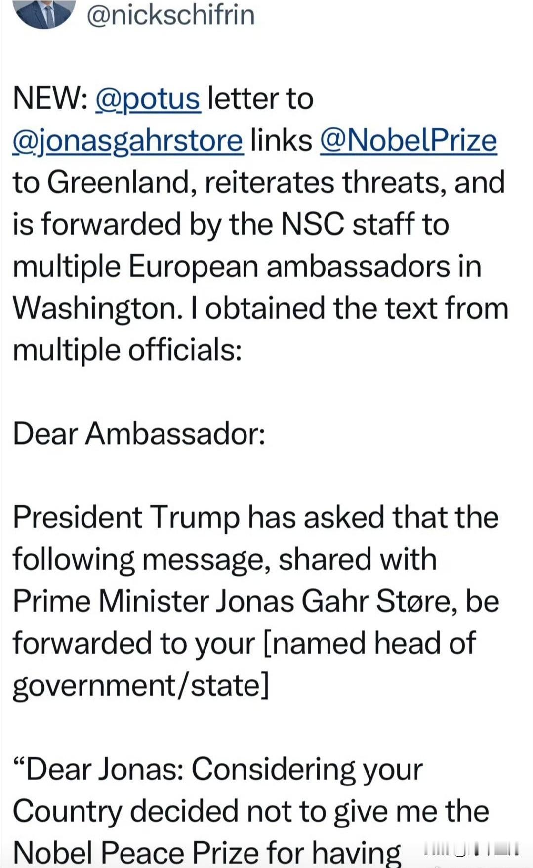 美国总统致信挪威首相：鉴于你们国家决定，虽然我阻止了八场战争，还是不给我和平奖，