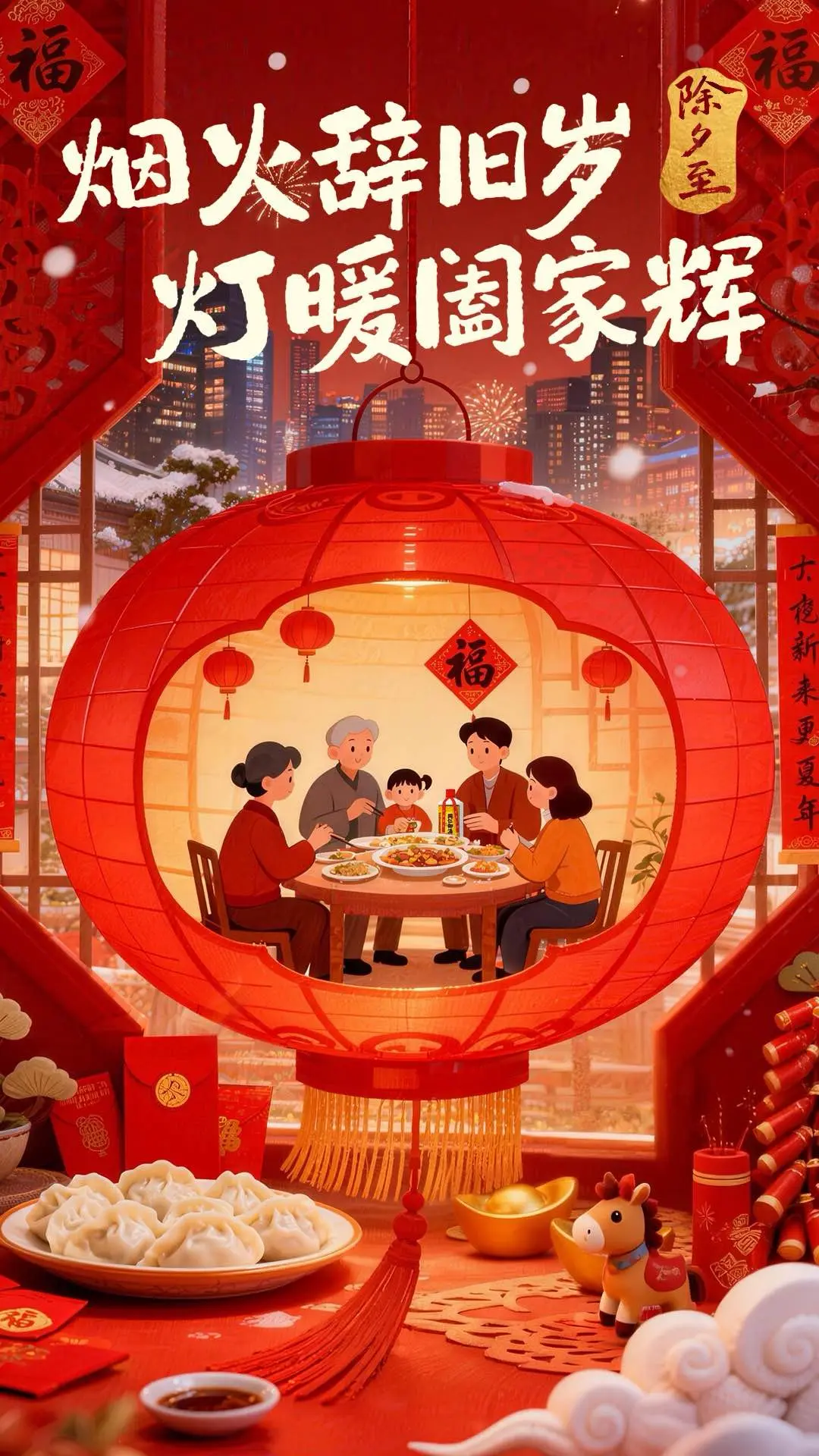 除夕守岁，烟火辞年。灯火映庭闱，煮酒话家常。旧岁收尾，珍馐暖胃，团圆叙...