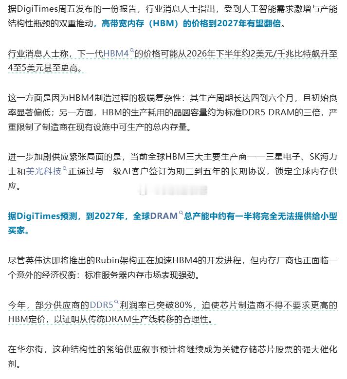 HBM4价格明年或翻倍 