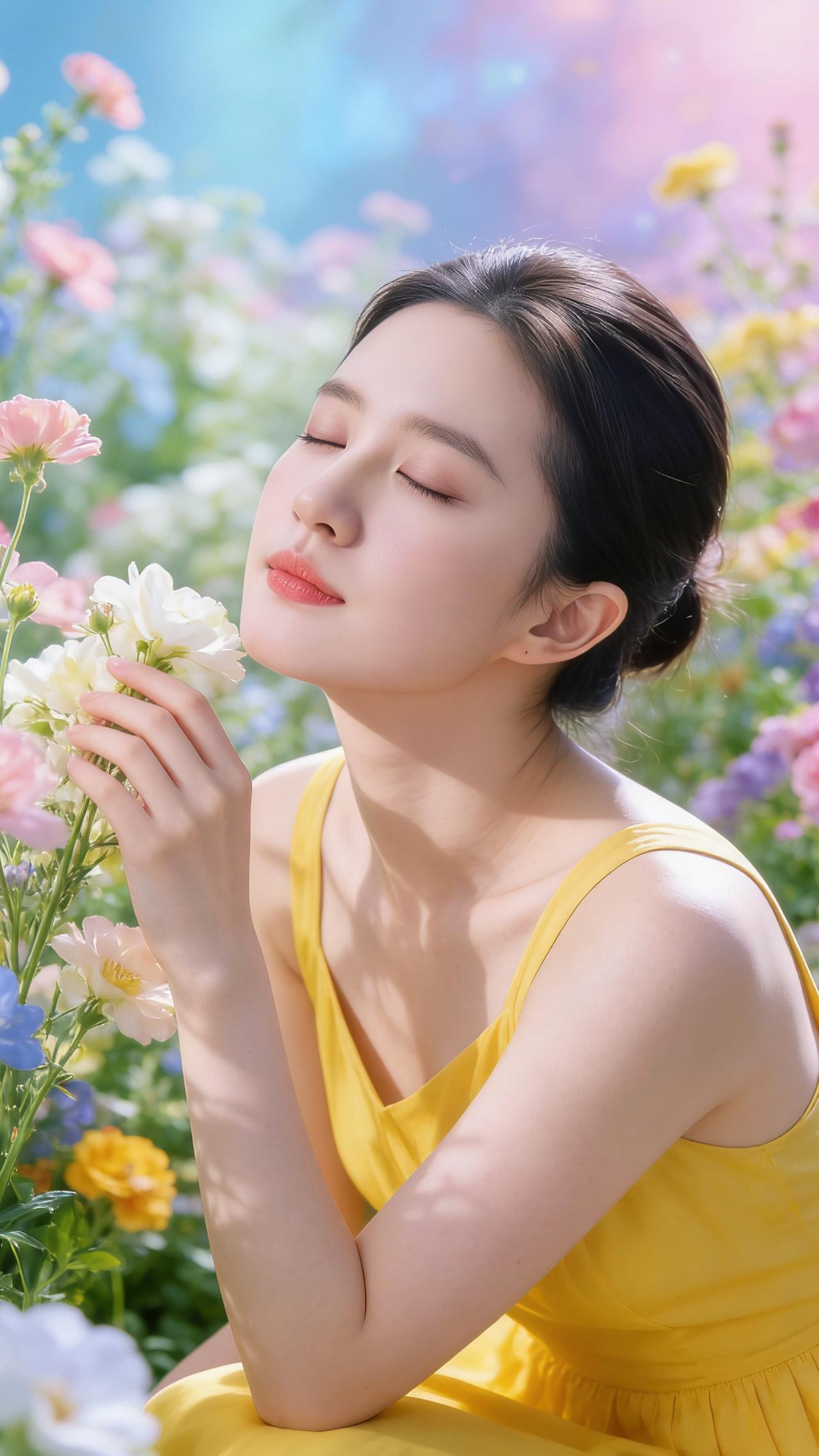 暖黄的裙摆陷在花浪里，像一捧融化的阳光。她垂着眼睫，指尖轻触白色花茎，任甜软的风