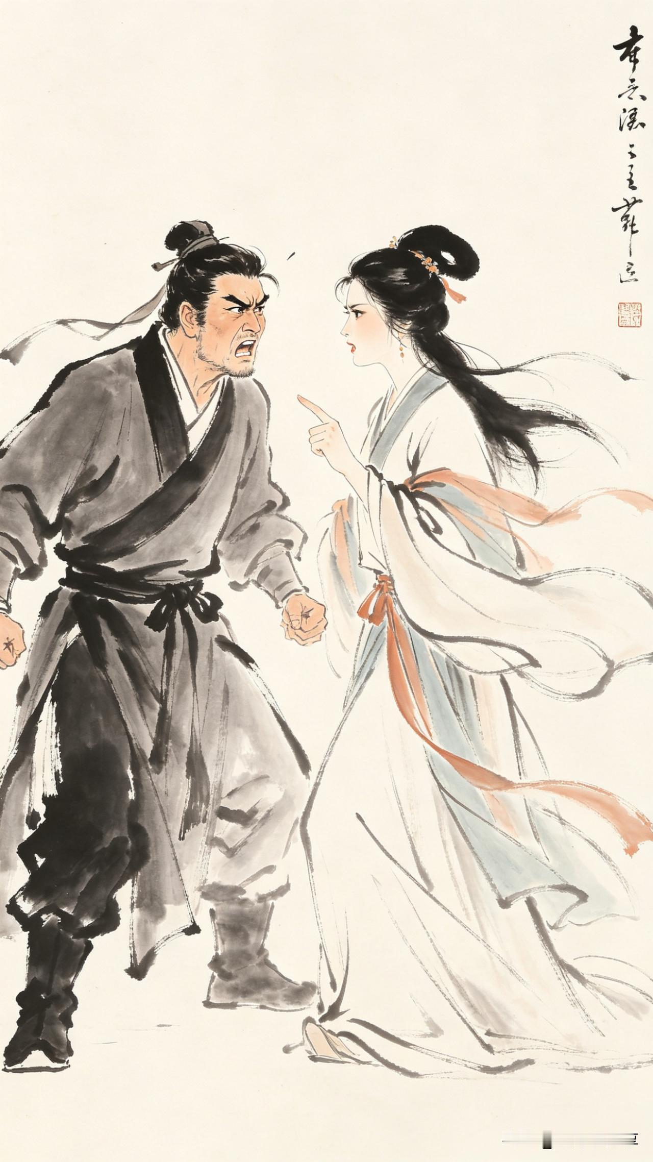 鹧鸪天·侠骨柔情

怒目圆睁指画堂，红妆不怯对儿郎。
狂风卷袖衣袂乱，烈火焚心意