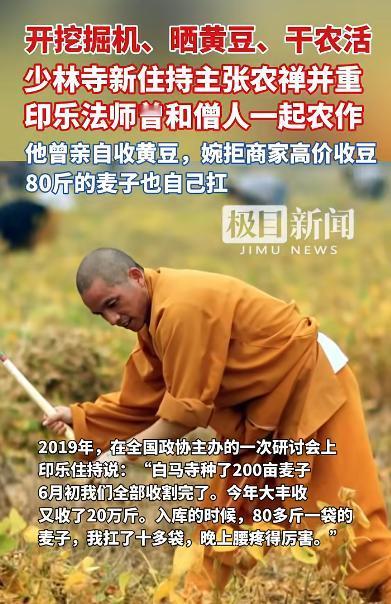 少林寺的僧人从此就有福了，印乐法师在白马寺的时候亲自带弟子耕作，免费发自种的豆子