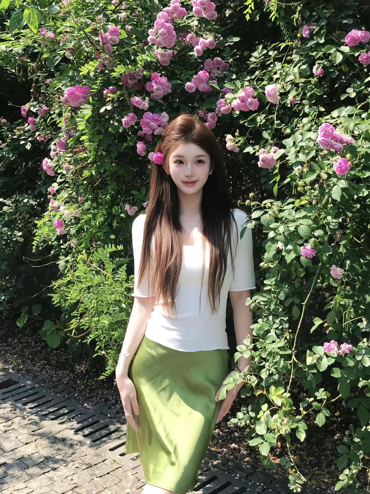 在夏天等你 初夏穿搭 蔷薇花 夏日甜妹 绿色